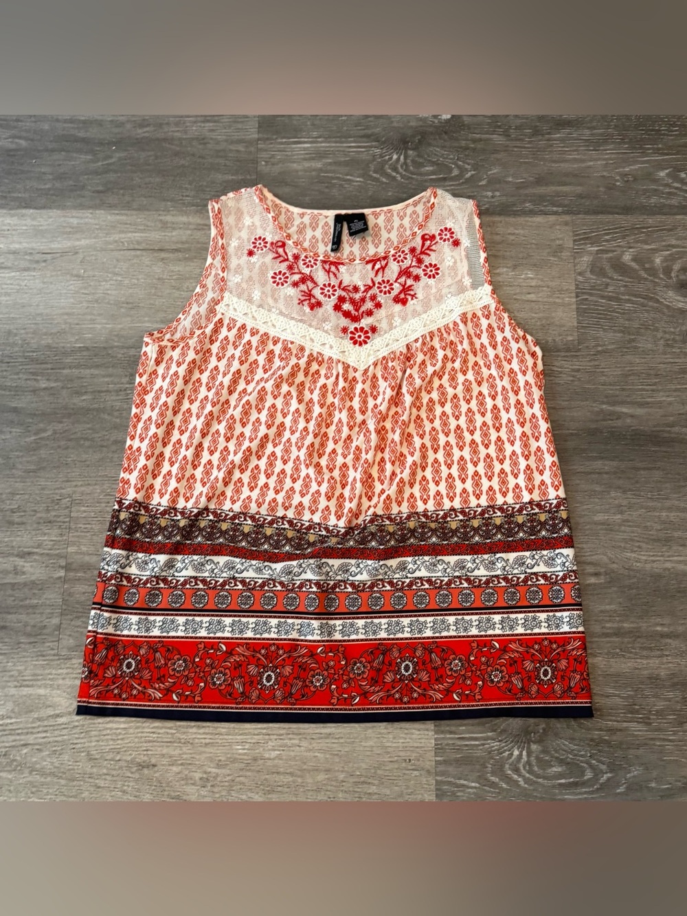 new directions Red and Cream Embroidered Lace-Yoke Tank